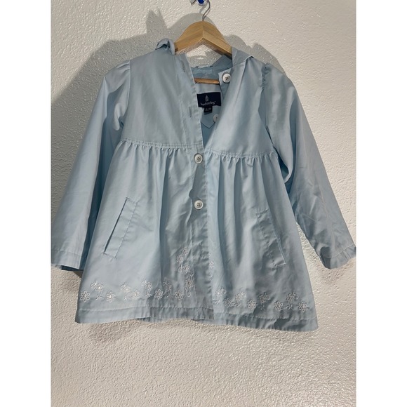 London Fog Girls Raincoat XL 6/6X Baby Blue Floral Embroidery Hooded Jacket - Picture 1 of 10